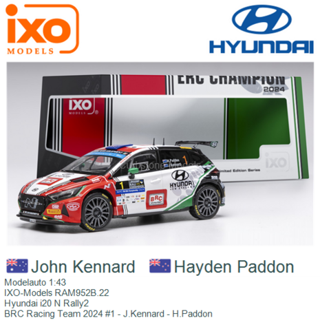 Modelauto 1:43 | IXO-Models RAM952B.22 | Hyundai i20 N Rally2 | BRC Racing Team 2024 #1 - J.Kennard - H.Paddon