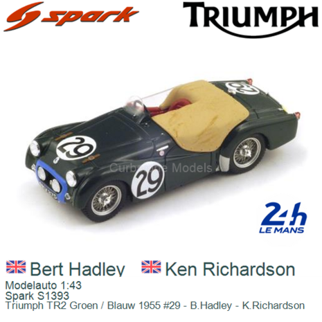 Modelauto 1:43 | Spark S1393 | Triumph TR2 Groen / Blauw 1955 #29 - B.Hadley - K.Richardson