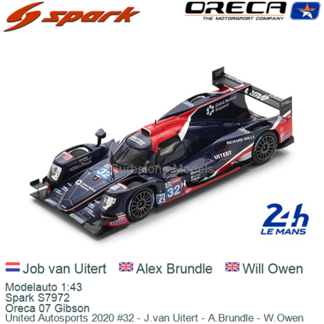 Modelauto 1:43 | Spark S7972 | Oreca 07 Gibson | United Autosports 2020 #32 - J.van Uitert - A.Brundle - W.Owen