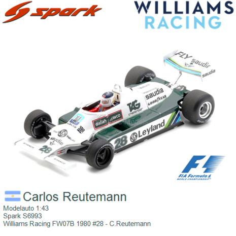 Modelauto 1:43 | Spark S6993 | Williams Racing FW07B 1980 #28 - C.Reutemann