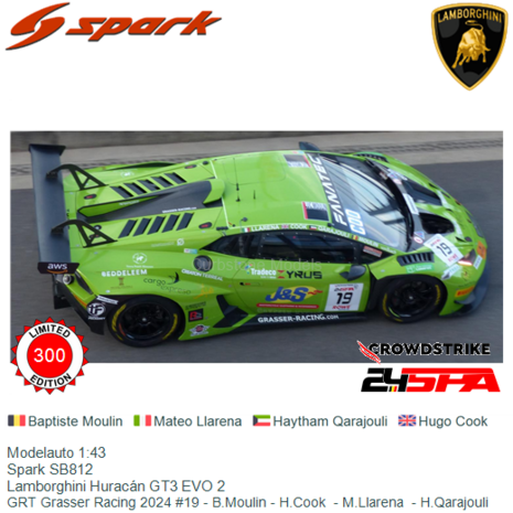 Modelauto 1:43 | Spark SB812 | Lamborghini Huracán GT3 EVO 2 | GRT Grasser Racing 2024 #19 - B.Moulin - H.Cook  - M.Llaren