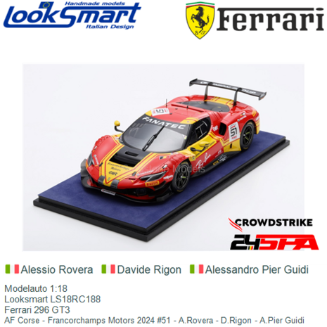 Modelauto 1:18 | Looksmart LS18RC188 | Ferrari 296 GT3 | AF Corse - Francorchamps Motors 2024 #51 - A.Rovera - D.Rigon - A.Pier