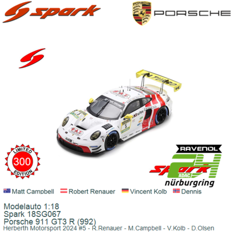 Modelauto 1:18 | Spark 18SG067 | Porsche 911 GT3 R (992) | Herberth Motorsport 2024 #5 - R.Renauer - M.Campbell - V.Kolb - D.Ol