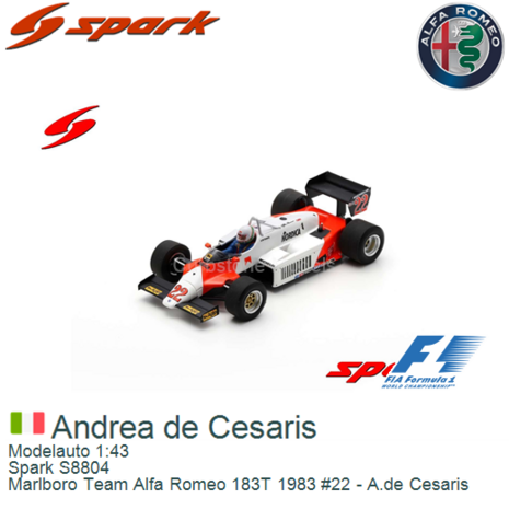 Modelauto 1:43 | Spark S8804 | Marlboro Team Alfa Romeo 183T 1983 #22 - A.de Cesaris