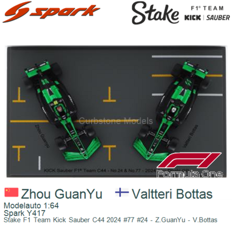 Modelauto 1:64 | Spark Y417 | Stake F1 Team Kick Sauber C44 2024 #77 #24 - Z.GuanYu - V.Bottas