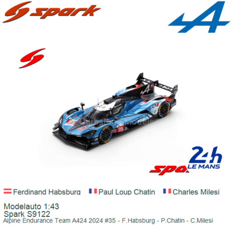 Modelauto 1:43 | Spark S9122 | Alpine Endurance Team A424 2024 #35 - F.Habsburg - P.Chatin - C.Milesi