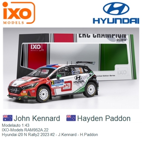 Modelauto 1:43 | IXO-Models RAM952A.22 | Hyundai i20 N Rally2 2023 #2 - J.Kennard - H.Paddon