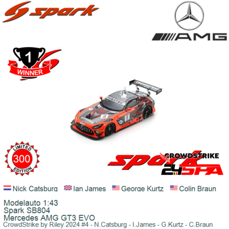 Modelauto 1:43 | Spark SB804 | Mercedes AMG GT3 EVO | CrowdStrike by Riley 2024 #4 - N.Catsburg - I.James - G.Kurtz - C.Braun