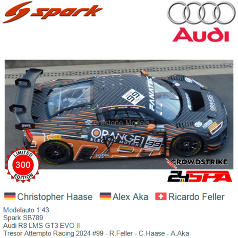 Modelauto 1:43 | Spark SB789 | Audi R8 LMS GT3 EVO II | Tresor Attempto Racing 2024 #99 - R.Feller - C.Haase - A.Aka