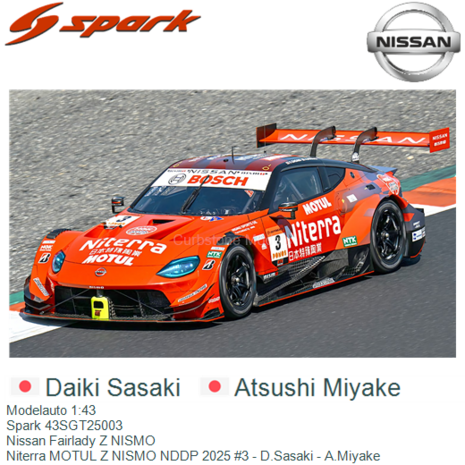 Modelauto 1:43 | Spark 43SGT25003 | Nissan Fairlady Z NISMO | Niterra MOTUL Z NISMO NDDP 2025 #3 - D.Sasaki - A.Miyake