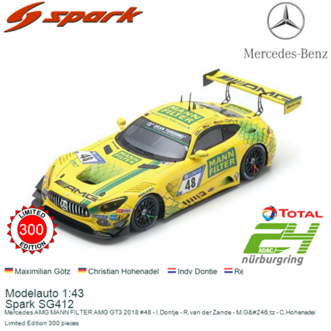 Modelauto 1:43 | Spark SG412 | Mercedes AMG MANN FILTER AMG GT3 2018 #48 - I.Dontje - R.van der Zande - M.G&#246;tz - C.Hoh