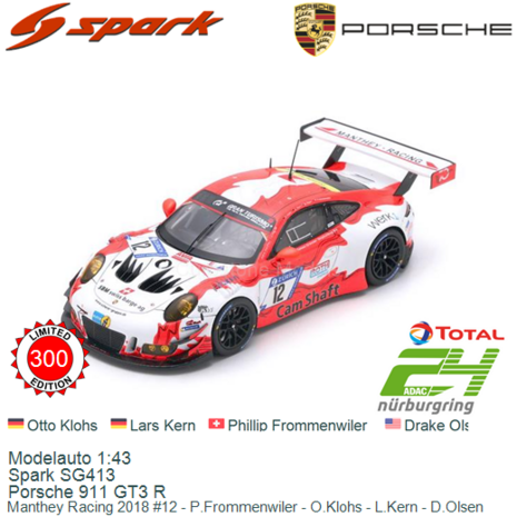 Modelauto 1:43 | Spark SG413 | Porsche 911 GT3 R | Manthey Racing 2018 #12 - P.Frommenwiler - O.Klohs - L.Kern - D.Olsen