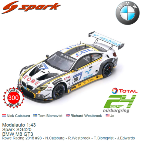 Modelauto 1:43 | Spark SG420 | BMW M8 GT3 | Rowe Racing 2018 #98 - N.Catsburg - R.Westbrook - T.Blomqvist - J.Edwards