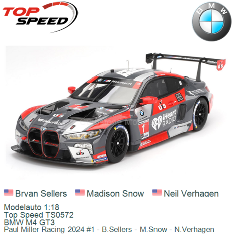Modelauto 1:18 | Top Speed TS0572 | BMW M4 GT3 | Paul Miller Racing 2024 #1 - B.Sellers - M.Snow - N.Verhagen