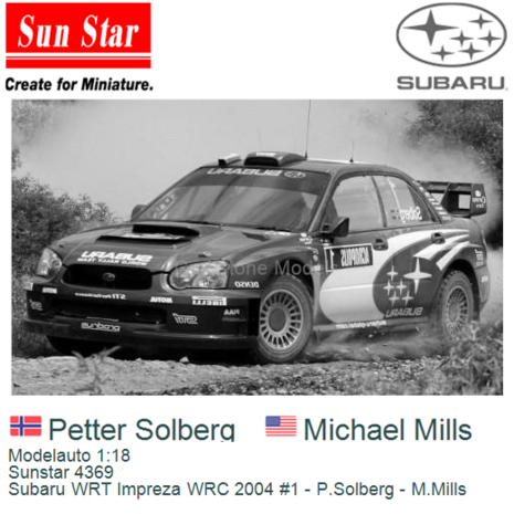 Modelauto 1:18 | Sunstar 4369 | Subaru WRT Impreza WRC 2004 #1 - P.Solberg - M.Mills