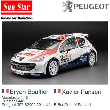 Modelauto 1:18 | Sunstar 5443 | Peugeot 207 S2000 2011 #4 - B.Bouffier - X.Panseri