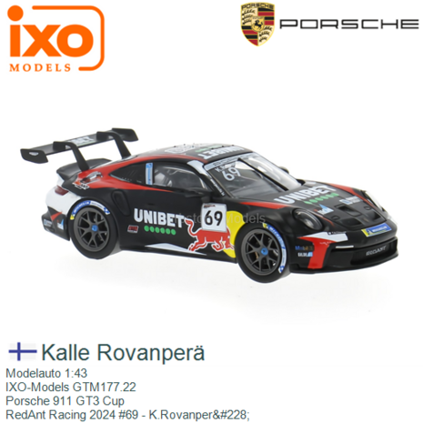 Modelauto 1:43 | IXO-Models GTM177.22 | Porsche 911 GT3 Cup | RedAnt Racing 2024 #69 - K.Rovanper&#228;