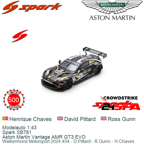 Modelauto 1:43 | Spark SB781 | Aston Martin Vantage AMR GT3 EVO | Walkenhorst Motorsport 2024 #34 - D.Pittard - R.Gunn - H.Chav
