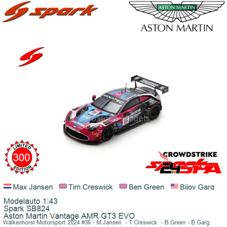 Modelauto 1:43 | Spark SB824 | Aston Martin Vantage AMR GT3 EVO | Walkenhorst Motorsport 2024 #36 - M.Jansen  - T.Creswick  - B
