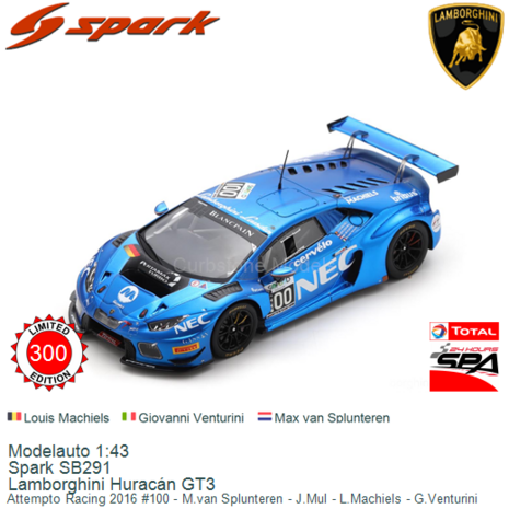 Modelauto 1:43 | Spark SB291 | Lamborghini Huracán GT3 | Attempto Racing 2016 #100 - M.van Splunteren - J.Mul - L.Machiels