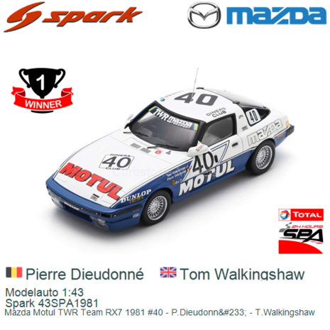 Modelauto 1:43 | Spark 43SPA1981 | Mazda Motul TWR Team RX7 1981 #40 - P.Dieudonn&#233; - T.Walkingshaw