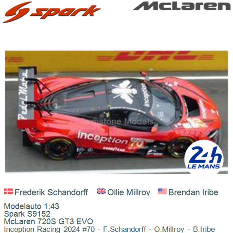 Modelauto 1:43 | Spark S9152 | McLaren 720S GT3 EVO | Inception Racing 2024 #70 - F.Schandorff - O.Millroy - B.Iribe
