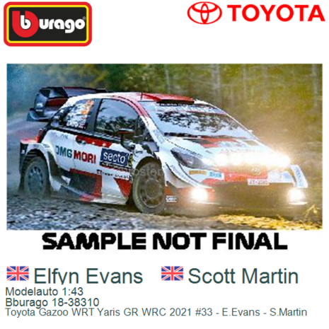 Modelauto 1:43 | Bburago 18-38310 | Toyota Gazoo WRT Yaris GR WRC 2021 #33 - E.Evans - S.Martin