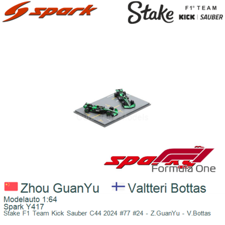 Modelauto 1:64 | Spark Y417 | Stake F1 Team Kick Sauber C44 2024 #77 #24 - Z.GuanYu - V.Bottas