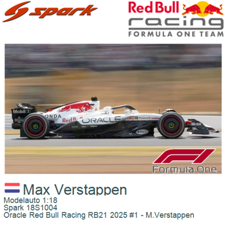 Modelauto 1:18 | Spark 18S1004 | Oracle Red Bull Racing RB21 2025 #1 - M.Verstappen