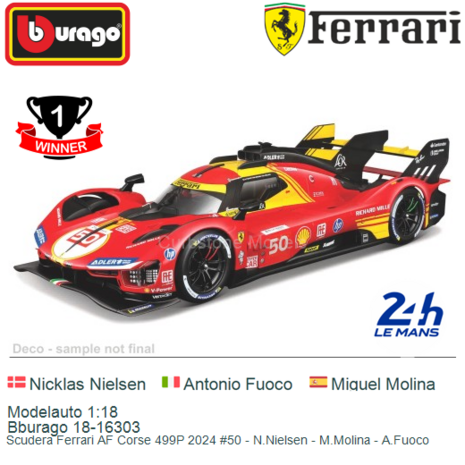 Modelauto 1:18 | Bburago 18-16303 | Scudera Ferrari AF Corse 499P 2024 #50 - N.Nielsen - M.Molina - A.Fuoco