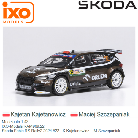 Modelauto 1:43 | IXO-Models RAM969.22 | Skoda Fabia RS Rally2 2024 #22 - K.Kajetanowicz  - M.Szczepaniak