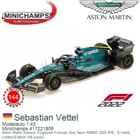 Modelauto 1:43 | Minichamps 417221805 | Aston Martin Aramco Cognizant Formula One Team AMR22 2022 #18 - S.Vettel