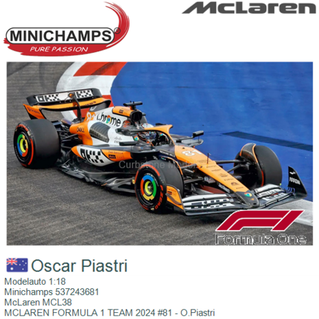 Modelauto 1:18 | Minichamps 537243681 | McLaren MCL38 | MCLAREN FORMULA 1 TEAM 2024 #81 - O.Piastri
