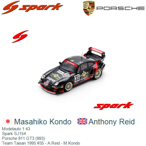 Modelauto 1:43 | Spark SJ154 | Porsche 911 GT3 (993) | Team Taisan 1995 #35 - A.Reid - M.Kondo