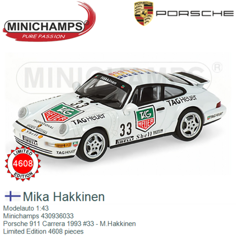 Modelauto 1:43 | Minichamps 430936033 | Porsche 911 Carrera 1993 #33 - M.Hakkinen