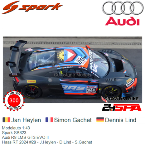 Modelauto 1:43 | Spark SB823 | Audi R8 LMS GT3 EVO II | Haas RT 2024 #28 - J.Heylen - D.Lind - S.Gachet