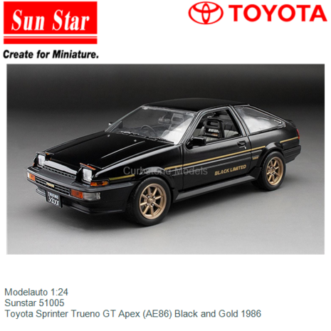 Modelauto 1:24 | Sunstar 51005 | Toyota Sprinter Trueno GT Apex (AE86) Black and Gold 1986