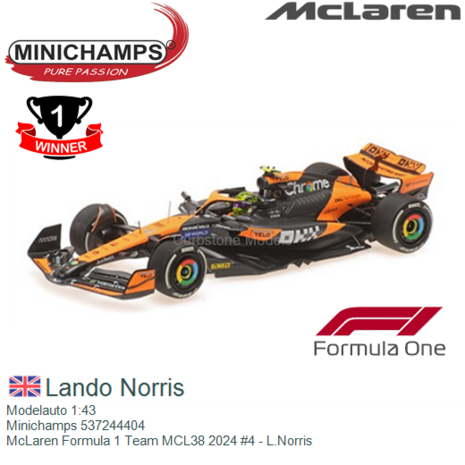 Modelauto 1:43 | Minichamps 537244404 | McLaren Formula 1 Team MCL38 2024 #4 - L.Norris