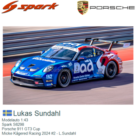 Modelauto 1:43 | Spark S6298 | Porsche 911 GT3 Cup | Micke Kågered Racing 2024 #2 - L.Sundahl