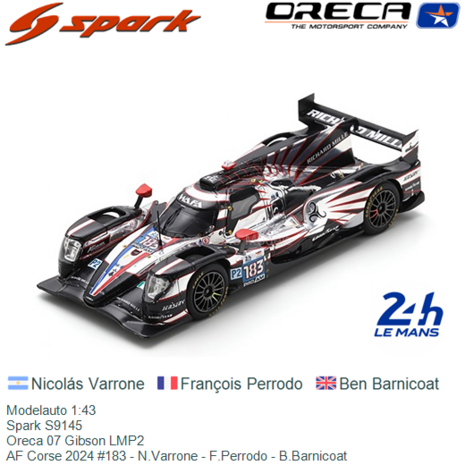 Modelauto 1:43 | Spark S9145 | Oreca 07 Gibson LMP2 | AF Corse 2024 #183 - N.Varrone - F.Perrodo - B.Barnicoat