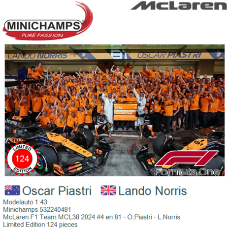 Modelauto 1:43 | Minichamps 532240481 | McLaren F1 Team MCL38 2024 #4 en 81 - O.Piastri - L.Norris