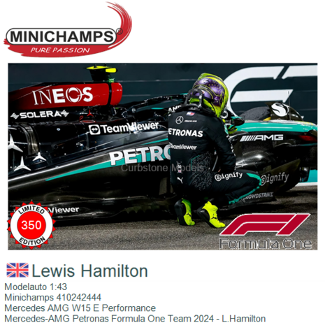 Modelauto 1:43 | Minichamps 410242444 | Mercedes AMG W15 E Performance | Mercedes-AMG Petronas Formula One Team 2024 - L.Hamilt