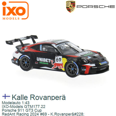 Modelauto 1:43 | IXO-Models GTM177.22 | Porsche 911 GT3 Cup | RedAnt Racing 2024 #69 - K.Rovanper&#228;