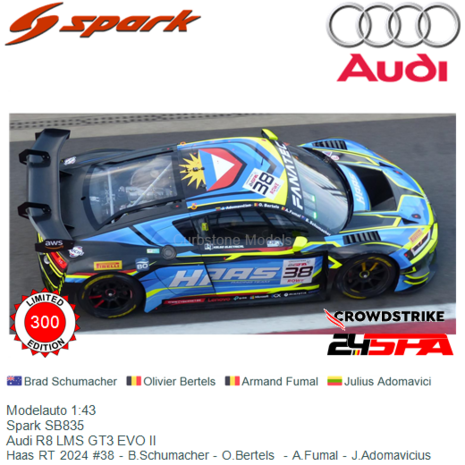 Modelauto 1:43 | Spark SB835 | Audi R8 LMS GT3 EVO II | Haas RT 2024 #38 - B.Schumacher - O.Bertels  - A.Fumal - J.Adomavicius