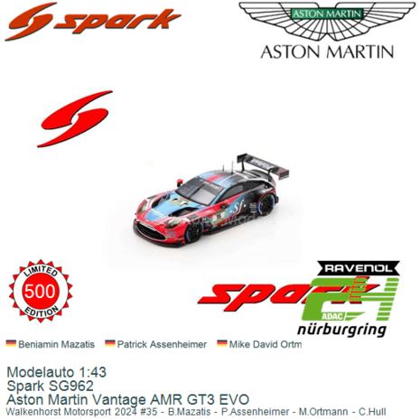 Modelauto 1:43 | Spark SG962 | Aston Martin Vantage AMR GT3 EVO | Walkenhorst Motorsport 2024 #35 - B.Mazatis - P.Assenheimer -