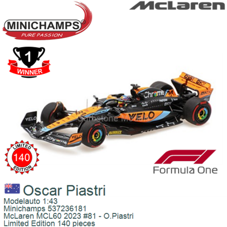 Modelauto 1:43 | Minichamps 537236181 | McLaren MCL60 2023 #81 - O.Piastri