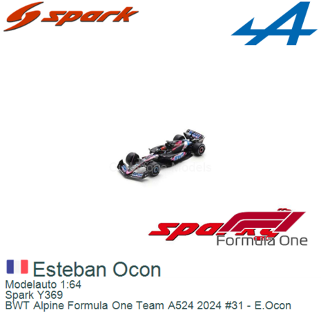 Modelauto 1:64 | Spark Y369 | BWT Alpine Formula One Team A524 2024 #31 - E.Ocon