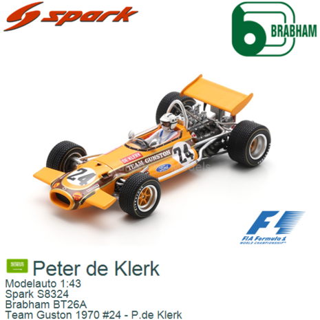 Modelauto 1:43 | Spark S8324 | Brabham BT26A | Team Guston 1970 #24 - P.de Klerk