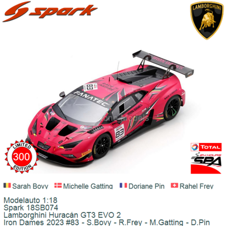 Modelauto 1:18 | Spark 18SB074 | Lamborghini Huracán GT3 EVO 2 | Iron Dames 2023 #83 - S.Bovy - R.Frey - M.Gatting - D.Pin