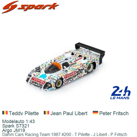 Modelauto 1:43 | Spark S7321 | Argo JM19 | Dahm Cars Racing Team 1987 #200 - T.Pilette - J.Libert - P.Fritsch 